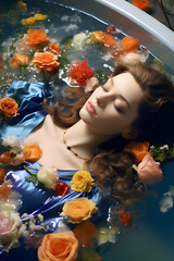portrait of a woman dressed up in blue dress in water,with floating flowers,minimal composition,summer concept
