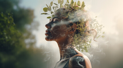 human head and tree leaves. concept of meditation, human desire to unite with nature and find peace in a noisy and dirty city. ai generative - obrazy, fototapety, plakaty