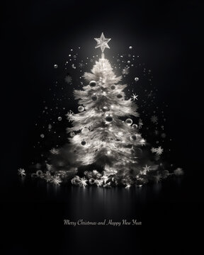 Christmas greeting on a black background with festive ornaments and illuminated christmas tree