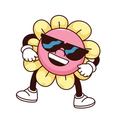 Groovy flower character with sunglasses vector illustration. Cartoon isolated retro floral positive mascot with laughter, psychedelic summer flower with trippy face and yellow petals, arms and legs