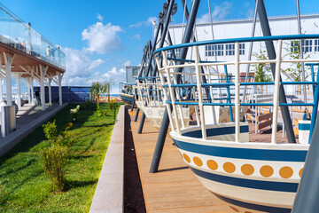 Swing on the observation deck on the embankment of the Lakhta center high-rise in St. Petersburg. Saint Petersburg, Russia - 5 Aug 2023