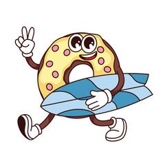 Groovy donut character with surfboard vector illustration. Cartoon isolated doughnut walking surfing, sweet food mascot with candy icing and peace hippie gesture, happy donut surfer with arms and legs