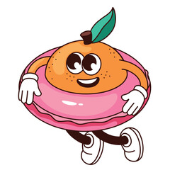 Groovy orange character with rubber ring vector illustration. Cartoon isolated retro comic sticker of happy funny tropical fruit swimming in beach pool, kawaii orange emoticon with arms and legs