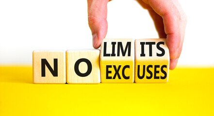 No excuses limits symbol. Concept words No excuses No limits on wooden block. Beautiful yellow table white background. Businessman hand. Business motivational no excuses limits concept. Copy space.