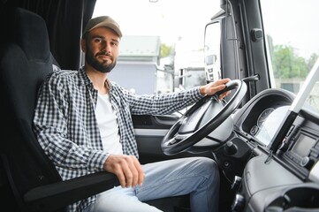 Smile Confidence Young Man Professional Truck Driver In Business Long transport.