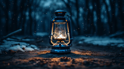 a tourist lantern stands on frozen ground on a dark night. ai generative - obrazy, fototapety, plakaty