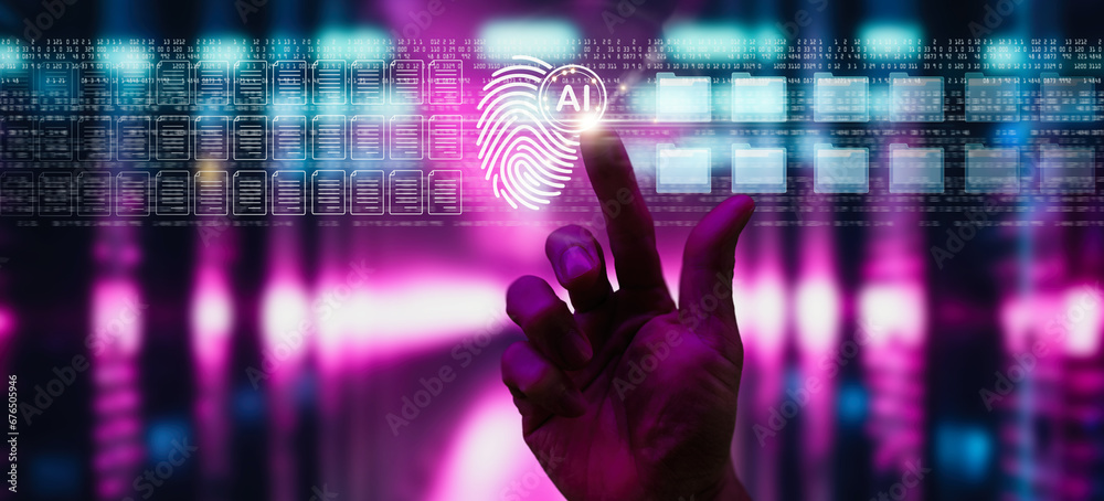 Poster Biometric security network, privacy data protection. man fingerprint identification touch screen to access personal financial data, mobile banking app, cybersecurity technology