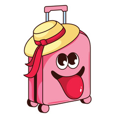 Groovy psychedelic suitcase character vector illustration. Cartoon isolated retro comic sticker of baggage for travel vacation with hat and long tongue hanging out from mouth, mascot with funny face