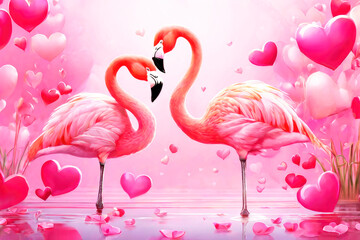 Happy valentine's greeting card, concept of love confession. A  couple of  very cute flamingo deep against a heart, cartoon character on a light pink background. Expression of tender feelings.