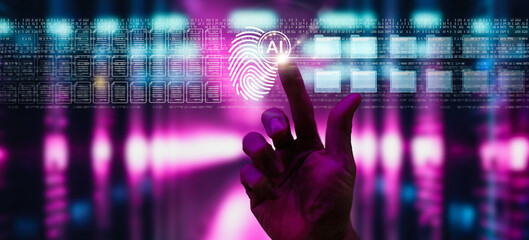 Biometric security network, privacy data protection. man fingerprint identification touch screen to...
