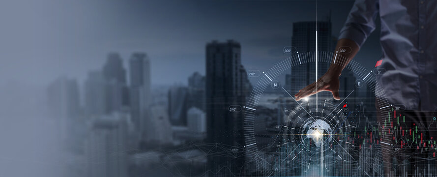Businessman with compass navigator and market research, Business growth, purpose and direction for business development. strategy and planning for business solution, finance city background.