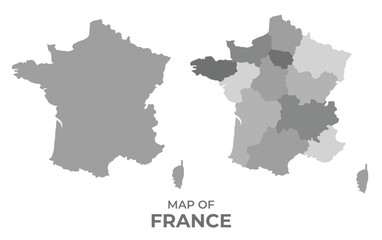 Greyscale vector map of France with regions and simple flat illustration