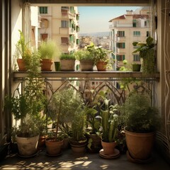 Fototapeta na wymiar Green plants in pots on a small balcony in a mediterranean city