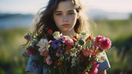 Young girl with wildflower bouquet