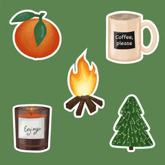 Set of winter stickers. Christmas illustration of a candle,  orange, Christmas tree, coffee cup, fireplace