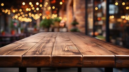 An empty wooden table on the background of street food courts decorated in New Year's style. New Year's food courts. - obrazy, fototapety, plakaty