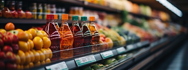 Perspective photo of the shelves of the store with drinks and fresh fruits and vegetables - obrazy, fototapety, plakaty