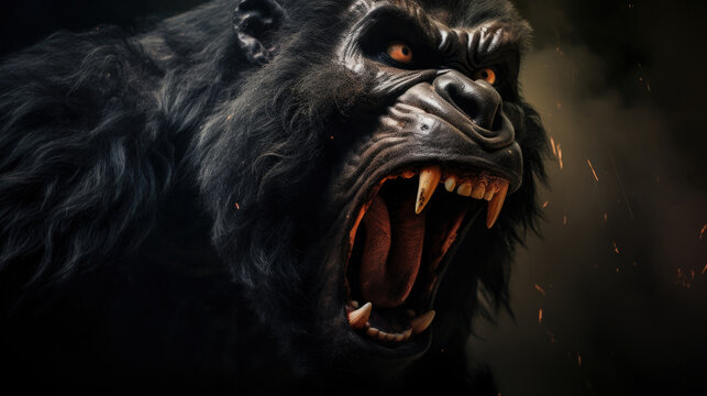 Silverback - adult male of a gorilla face. A gorilla appears to be angry, mouth open, yawning.