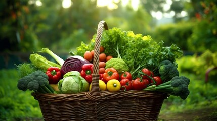 fresh green and mix colored vegetables in big basket  AI generated illustration