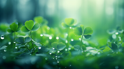 beautiful nature wallpaper. clover with dew drops among green grass. copy space. place for text....