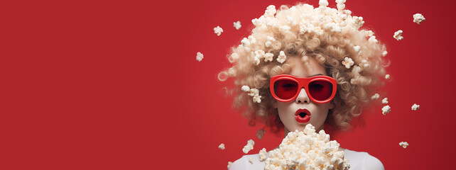 person with a popcorn. funny creative concept of film screening, film industry, film awards, oscar award. banner