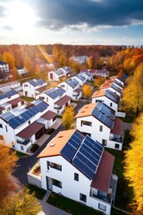 Eco-friendly apartment buildings with solar panels on roofs surrounded by autumn trees. Apartment buildings with environmentally friendly large batteries on rooftops on edge of multi-colored trees - obrazy, fototapety, plakaty