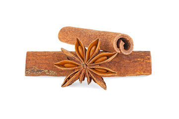 Cinnamon sticks and anise star isolated on a white background. Spices. Macro.