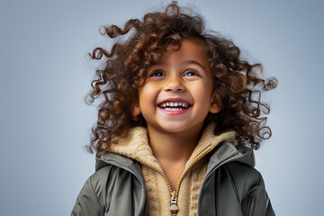 portrait of a beautiful little girl brunette curly hair, light background