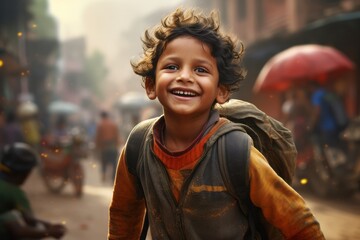 Little indian boy stands in the middle of the street and smiles at the camera - obrazy, fototapety, plakaty