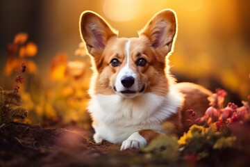 Naklejka na ściany i meble Close up portrait of a corgi dog looking at the camera in an autumn park