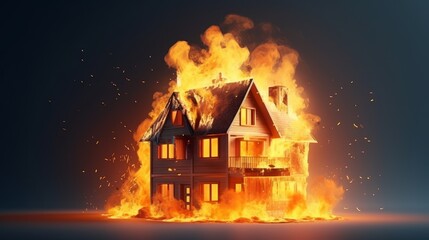 House or fire and Burning down Home insurance concept  AI generated illustration - obrazy, fototapety, plakaty