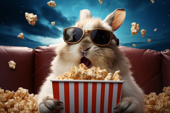 3D illustration of a rabbit in glasses with popcorn in his paws looking at the camera