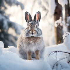Fototapeta premium Adorable gray hare rabbit in a snowy winter forest