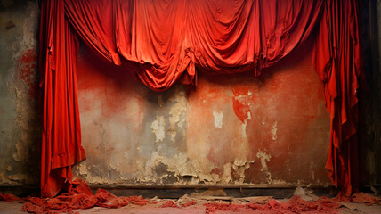 interior of an old abandoned house with red walls - obrazy, fototapety, plakaty