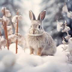 Adorable gray hare rabbit in a snowy winter forest