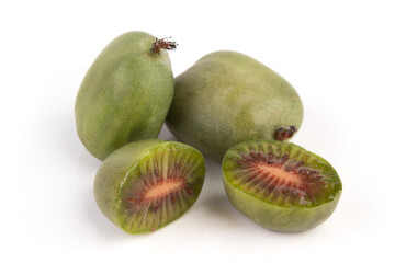 mini kiwi baby fruit, actinidia arguta on white background.