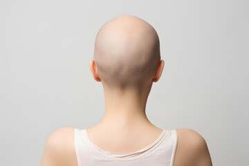 Back of head of bald woman with medical condition causing hair loss like Alopecia or chemotherapy
