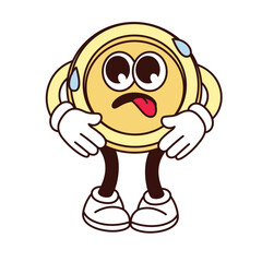 Groovy sad gold coin character vector illustration. Cartoon isolated retro funny emoji of cute cash golden money with arms and legs, coin mascot with negative expression on round face and tongue