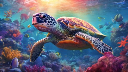 Naklejka na ściany i meble turtle with group of colorful fish and sea animals AI generated illustration
