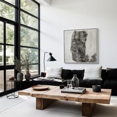 A nordic living room with large black industrial windows, black sofa and wooden table, white walls with art on wall, minimalistic interior, scandinavian design