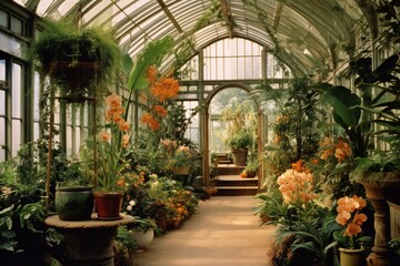 Interior view of a Victorian greenhouse filled with exotic blooms. Generative AI - obrazy, fototapety, plakaty