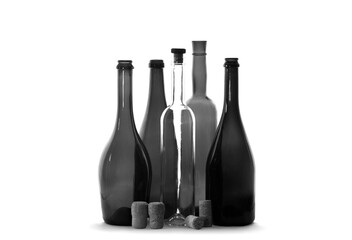 Black and white photo of different wine bottles isolated on white background