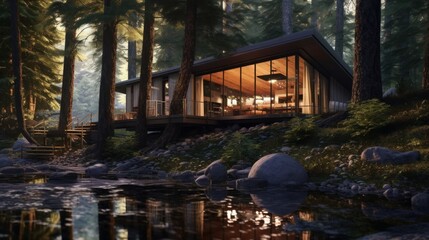 A peaceful retreat tucked away in the forest  AI generated illustration - obrazy, fototapety, plakaty