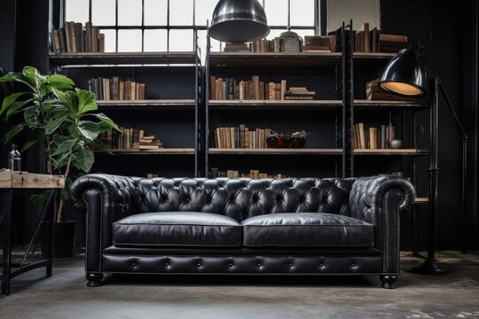 black chesterfield sofa in an industrial style living room