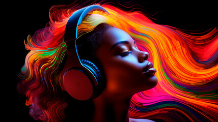 young girl with headphones and rainbow colors on a colorful background in neon light