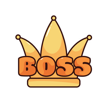 Groovy sticker with gold crown and Boss text vector illustration. Cartoon isolated cute retro sticker with funny Boss lettering and queen or king proud symbol, comic hippie bubble font of text