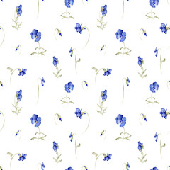 Seamless watercolor pattern of viola flowers. Pattern for your design, wrapping paper, postcard or background