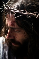 Jesus in crown of thorns suffers scourging and pain of savior because of rejection of world. Jesus in crown of thorns symbolizes victory of life over death and victory of greatness over pain.