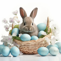 Easter holiday theme, rabbit in a basket with easter eggs, with gentle pastel colors
