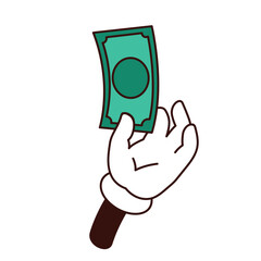 Groovy hand with money vector illustration. Cartoon isolated retro arm holding paper dollar banknote to pay or exchange, give or take cash money, funny sticker with payment gesture of character